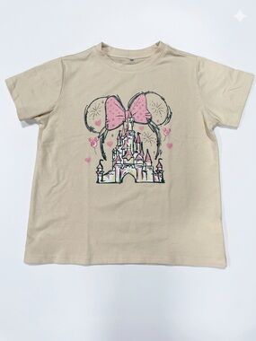 Disney Minnie Mouse Castle Graphic T-Shirt Kids Beige Pink Bow Tee Size 8 (130)
